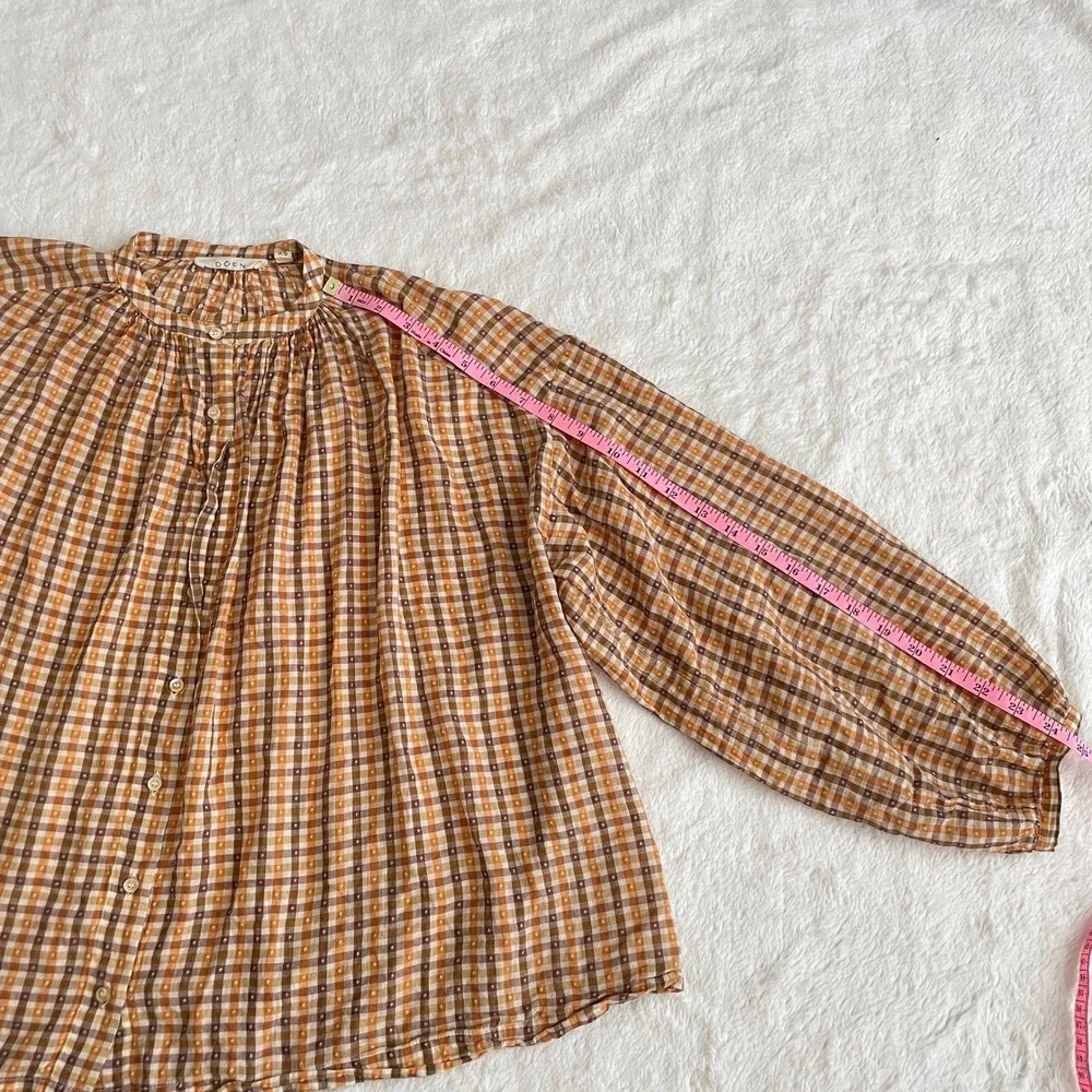 Doen The Jane Blouse Orange Meringue Plaid Clip Dot Cotton Button Top Size XS